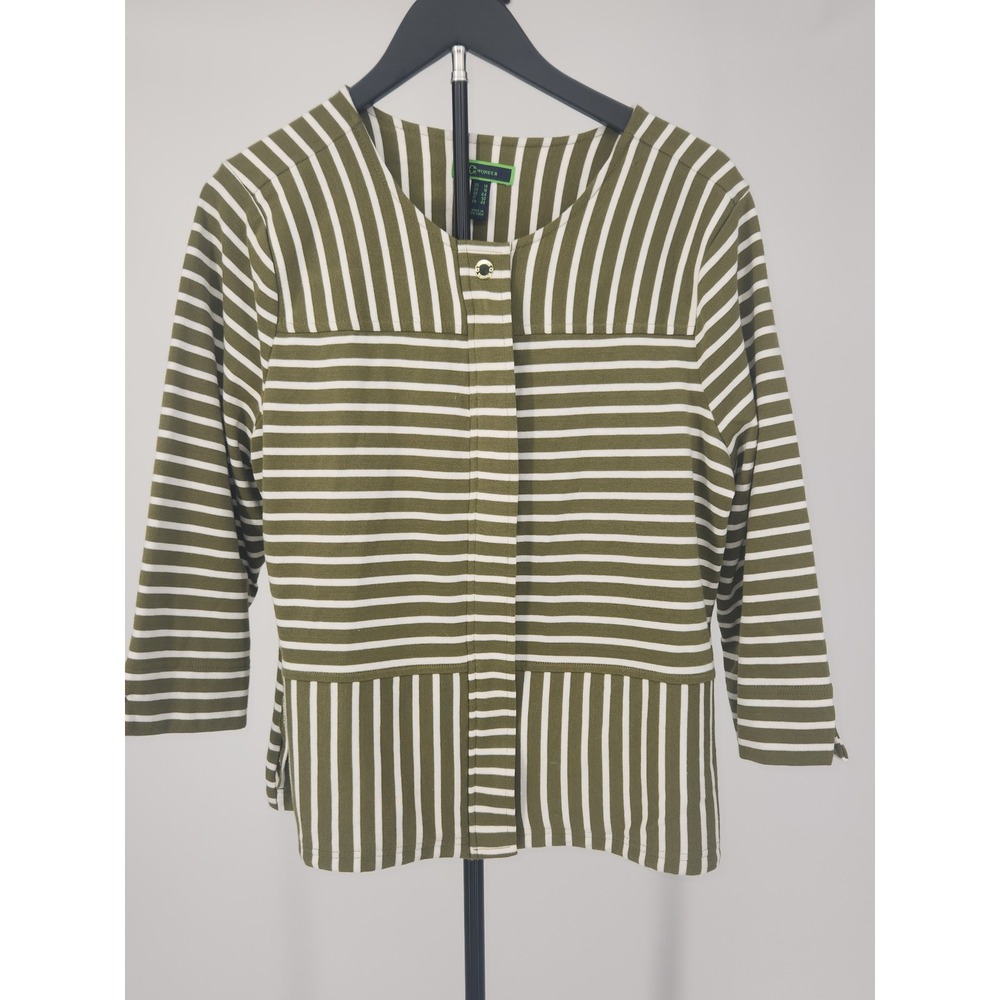 C. Wonder Womens Olive Green White Striped Zip Front 3/4 Sleeve Top Size 14
